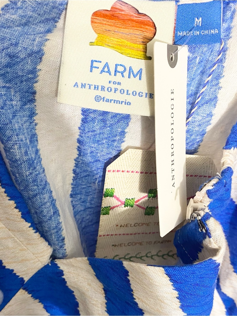 Farm Rio Blue Cream Striped Linen Blend 3D Floral Detail Maxi Dress NWT Medium - Picture 6 of 9